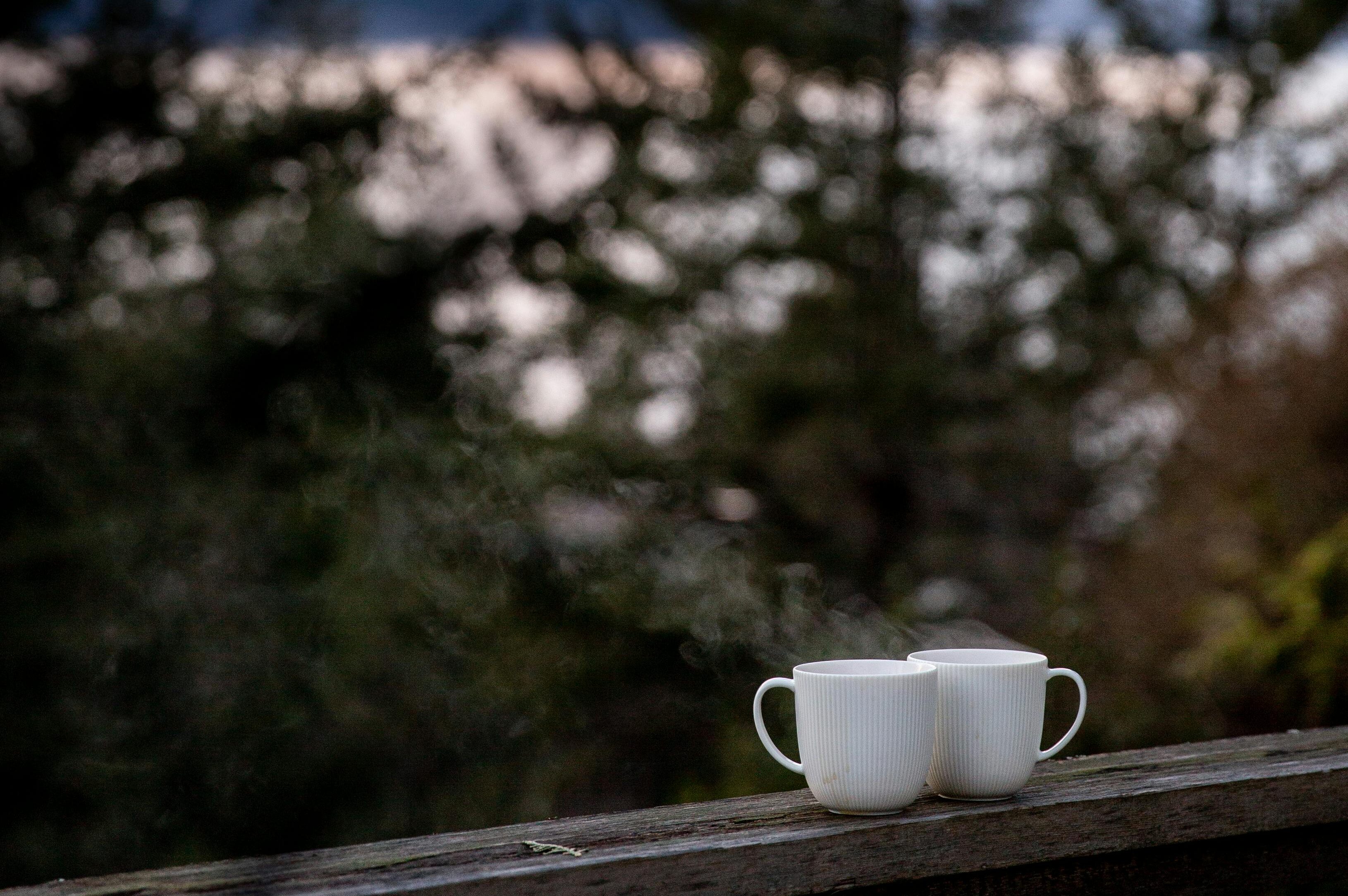 two white coffee mugs sitting on a wooden railing iwth a view of evergreen trees and a purple sunrise over mountains - impact of gratitude on our finances